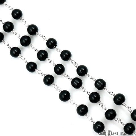 Black Tourmaline Cabochon Beads 6mm Silver Plated Gemstone Rosary Chain