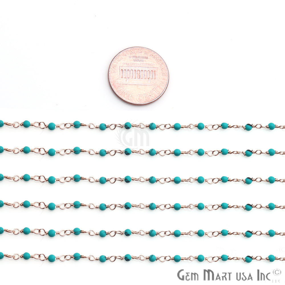 Turquoise 2-2.5mm Beaded Beaded Rose Gold Plated Wire Wrapped Rosary Chain - GemMartUSA