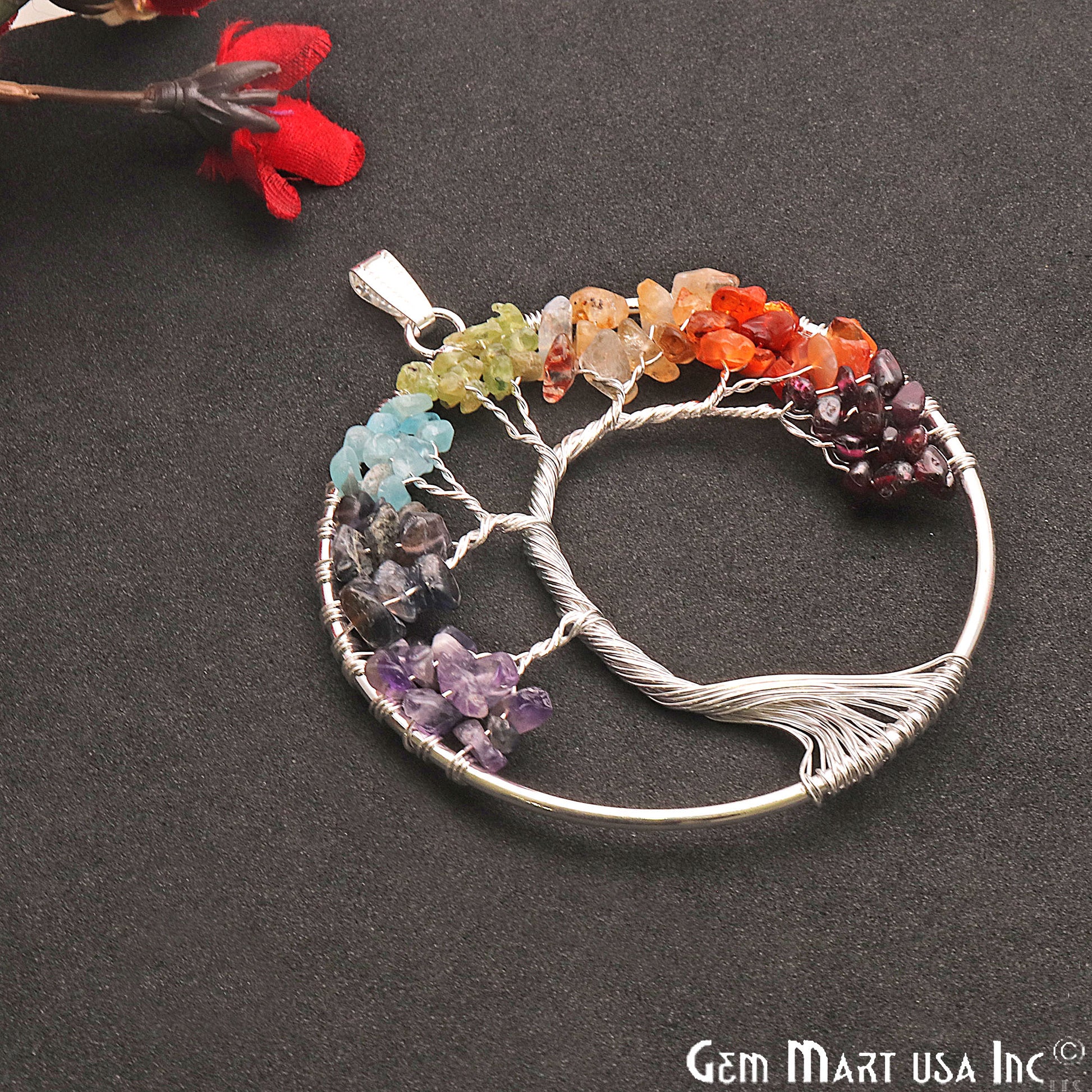 Multi Color Tree Of Life 72x65mm Silver Wire Wrapped Round Shape Pendant - GemMartUSA