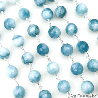 Shaded Turquoise Faceted Beads 10mm Silver Wire Wrapped Beaded Rosary Chain