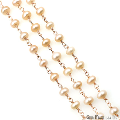 Pink Pearl Cabochon Beads 5-6mm Rose Gold Plated Gemstone Rosary Chain