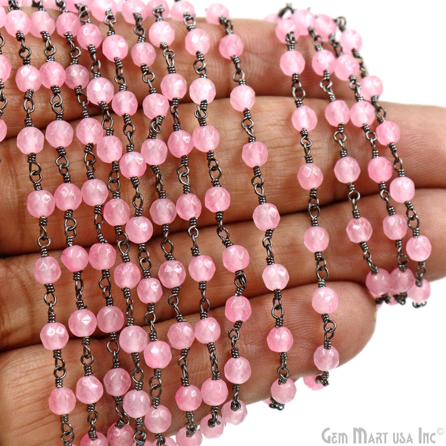 Light Pink Jade Faceted Beads 4mm Oxidized Wire Wrapped Rosary Chain