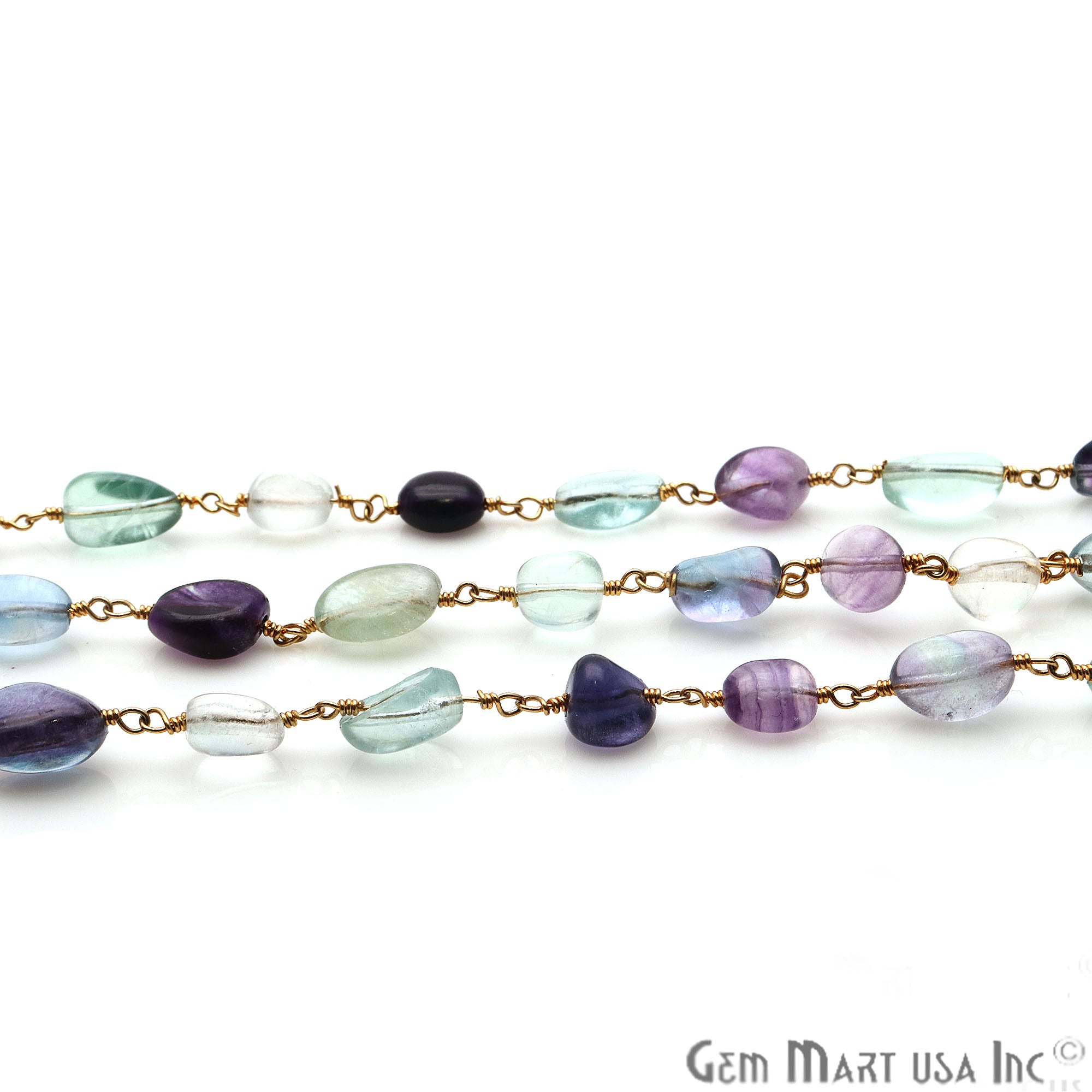 Dark Fluorite Tumble Beads 10x6mm Gold Plated Wire Wrapped Rosary Chain - GemMartUSA