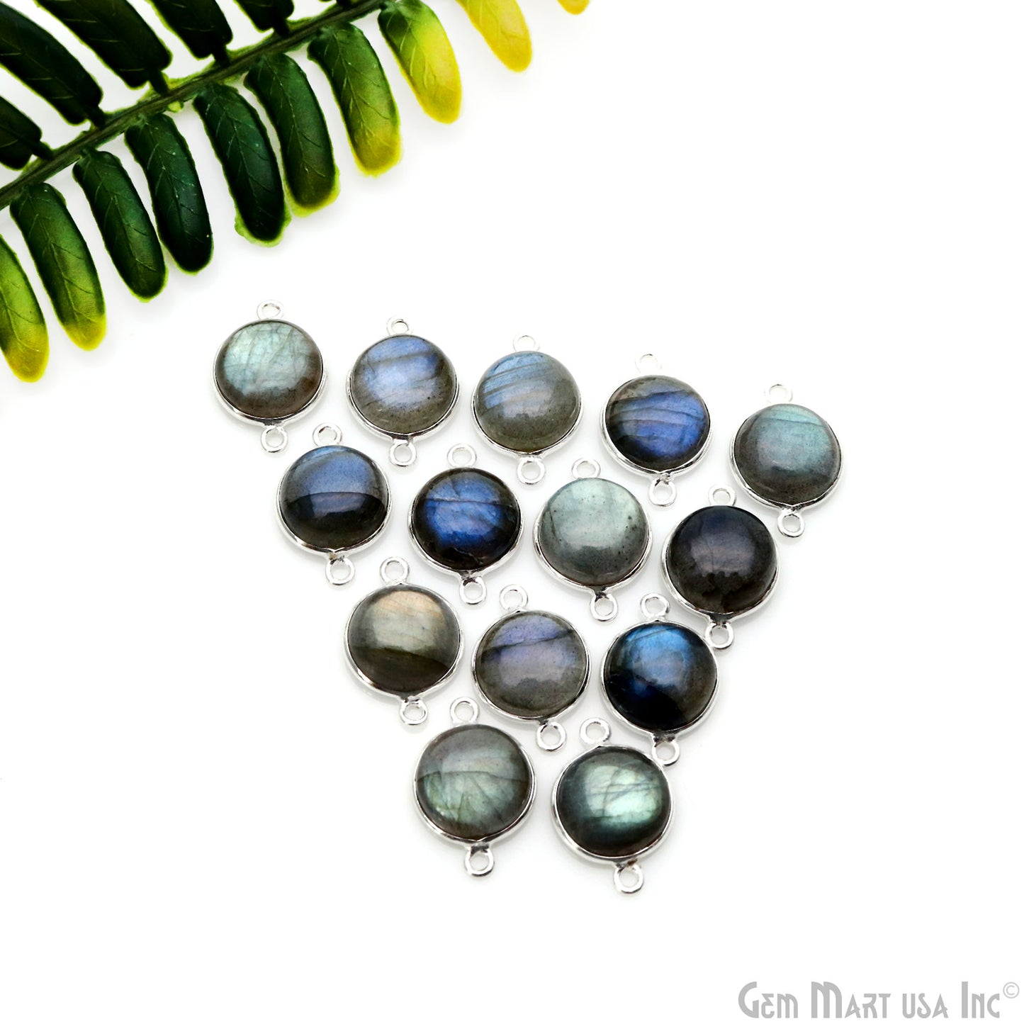 Flashy Labradorite Cabochon 11mm Round Double Bail Silver Plated Gemstone Connector