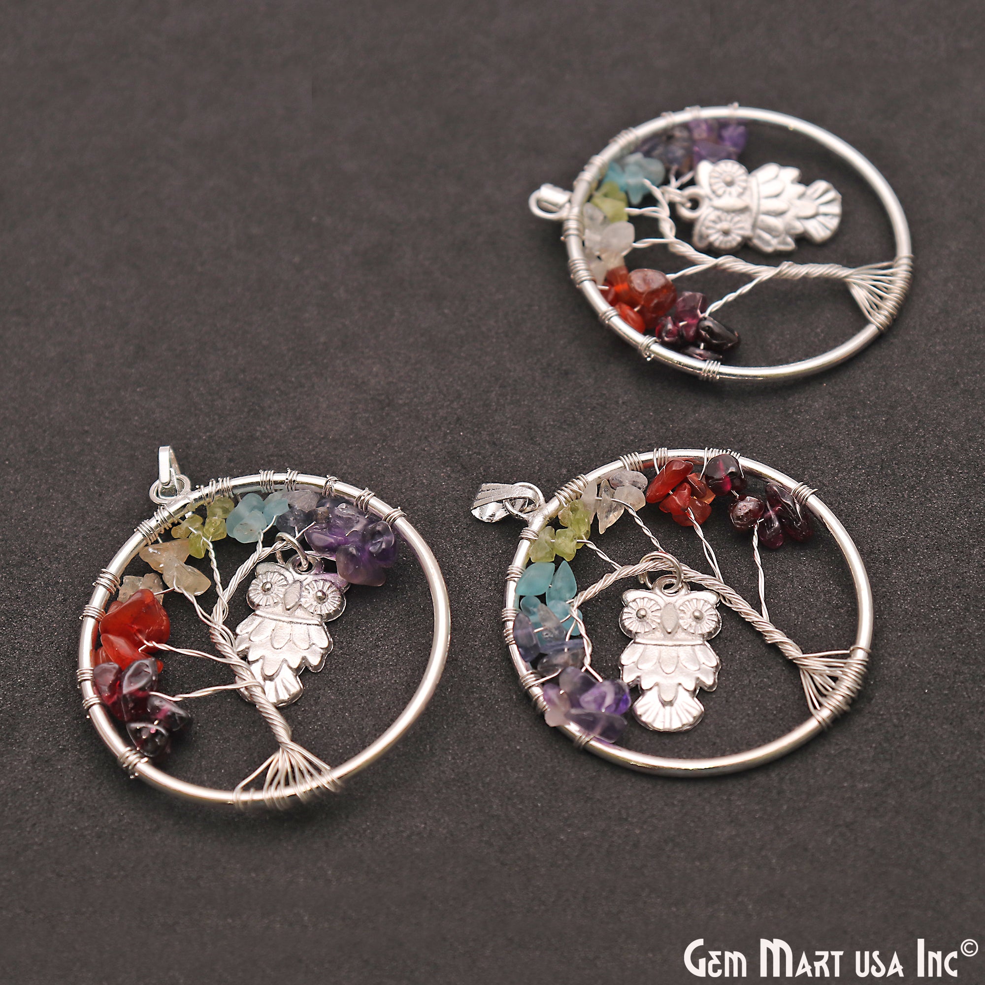 Multi Color Stone Silver Wire Wrapped Pendant With Owl 45x40mm - GemMartUSA