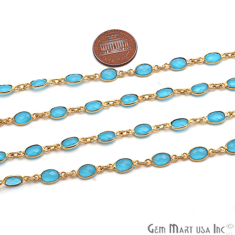 Sky Blue Chalcedony 6x4mm Bezel Gold Plated Continuous Connector Chain - GemMartUSA