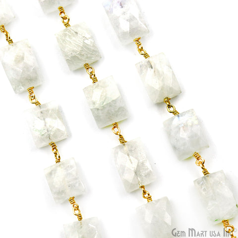 Rainbow Moonstone 7x9mm Square Shape Gold Wire Wrapped Rosary Chain
