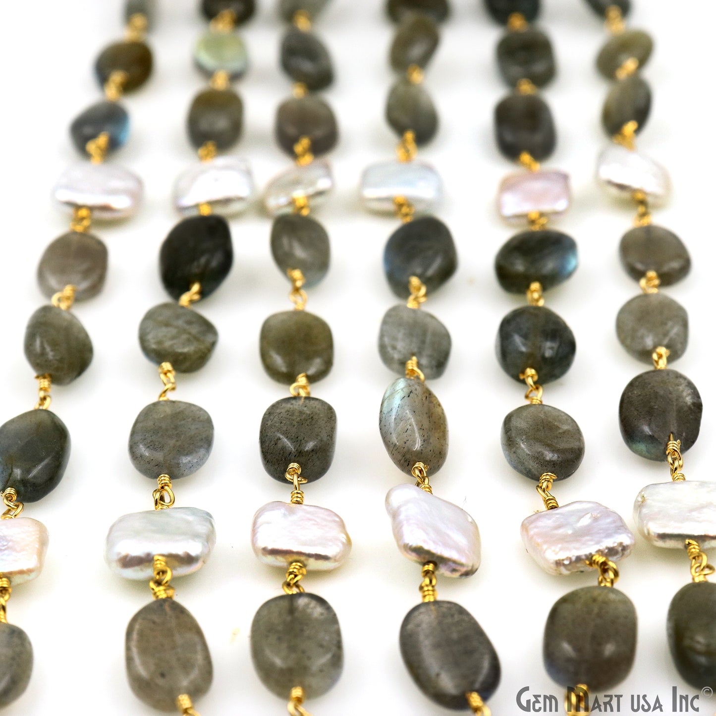 Labradorite & Pearl Tumble Beads Gold Plated Rosary Chain