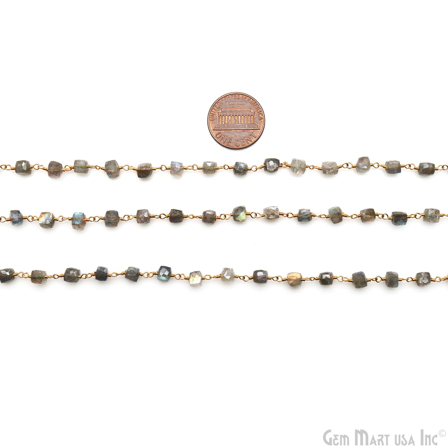 Labradorite Cube Faceted 4-5mm Gold Wire Wrapped Rosary Chain