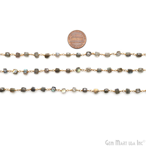 Labradorite Cube Faceted 4-5mm Gold Wire Wrapped Rosary Chain