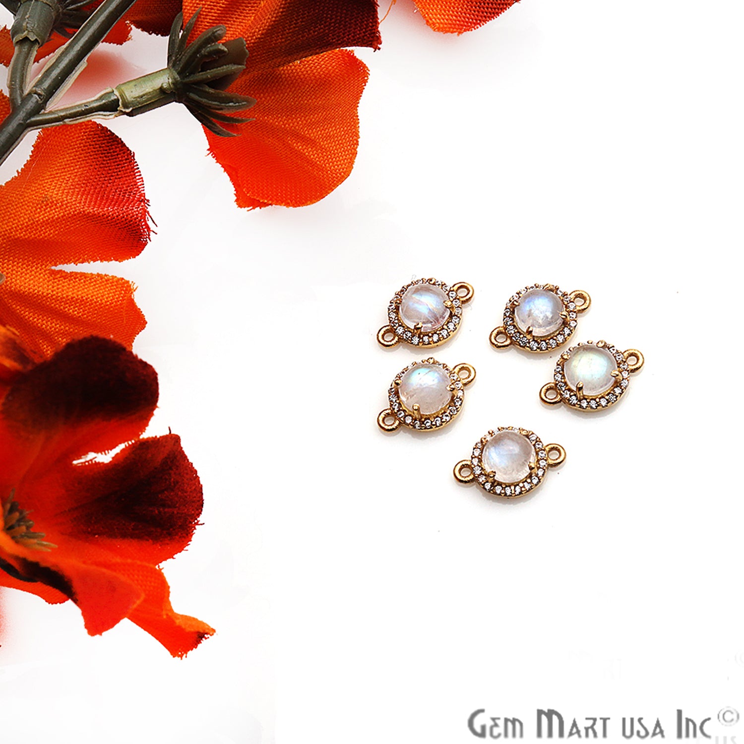 Rainbow Moonstone Cabochon & Cubic Zirconia 6mm Round Gold Plated Double Bail Connector - GemmartUSA