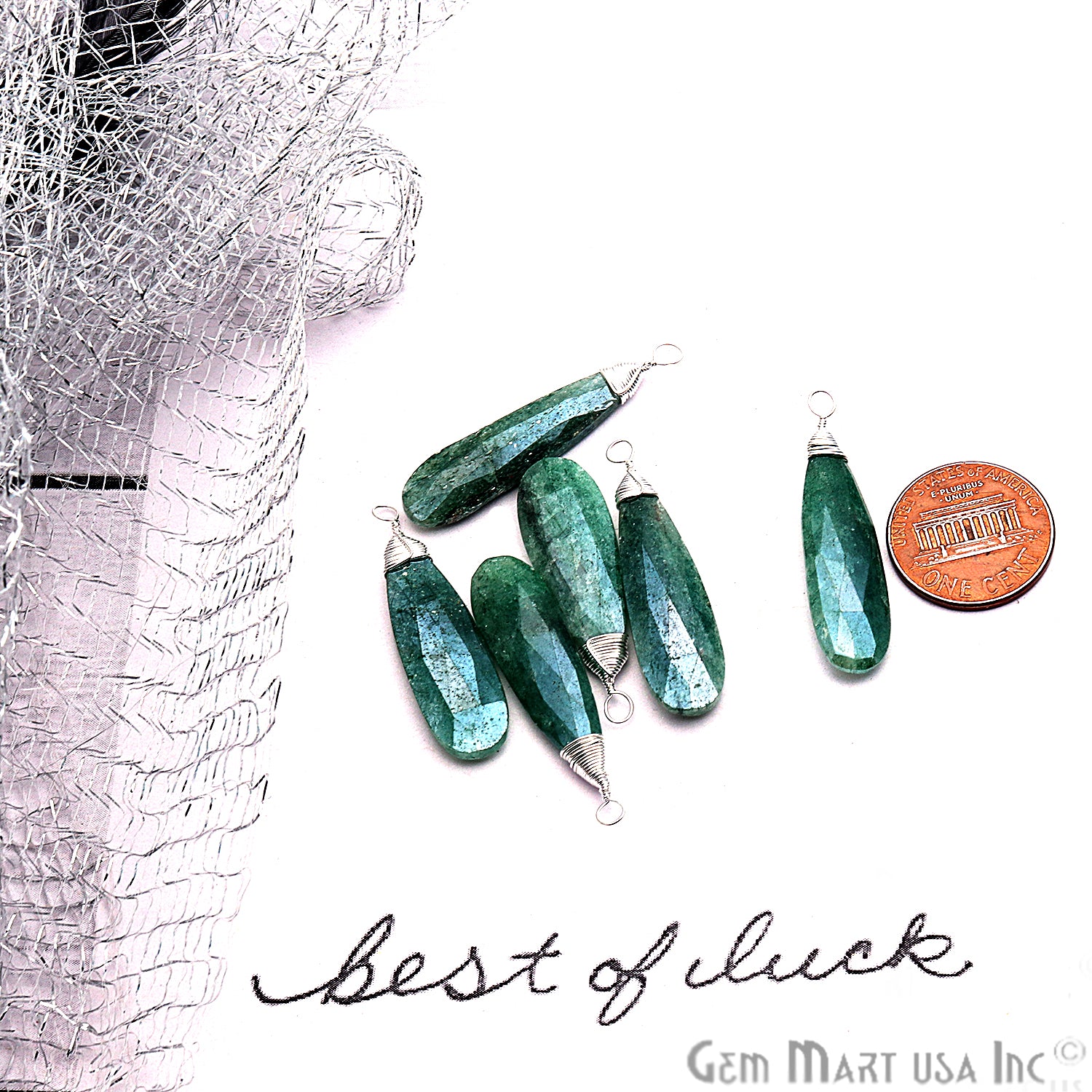 Emerald Silver Wire Wrapped 41x8mm Jewelry Making Pears Shape Connector - GemMartUSA