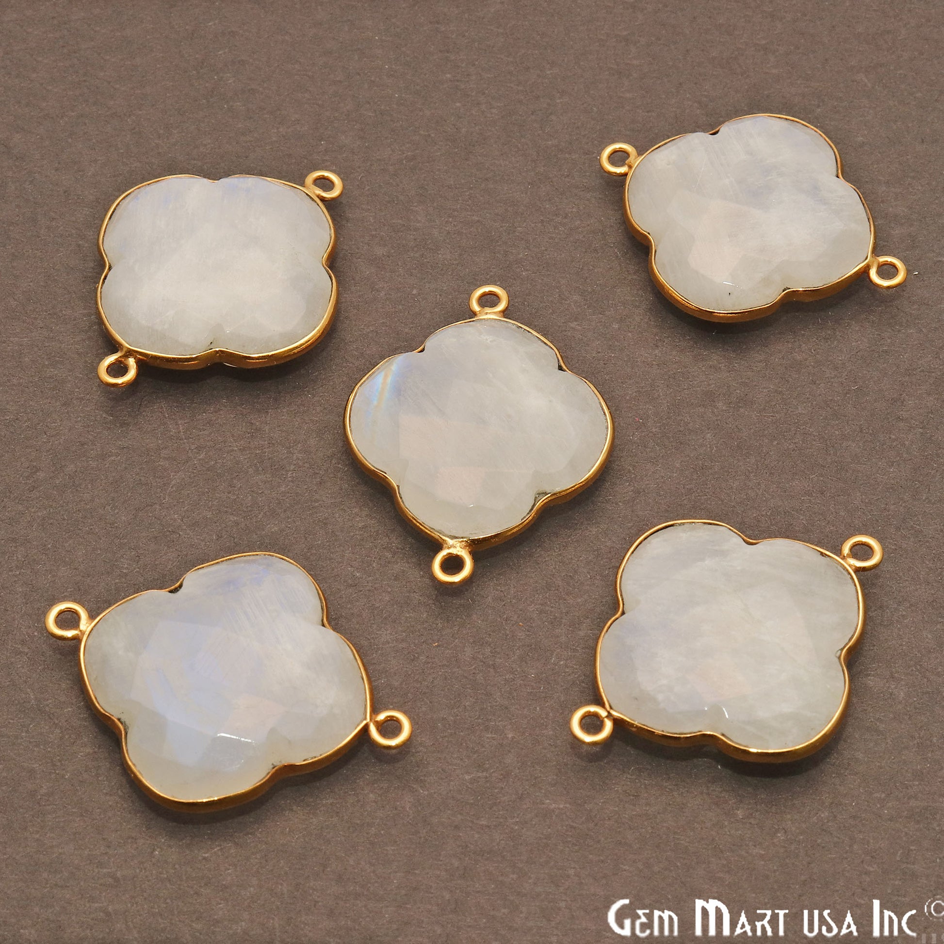 Rainbow Moonstone Clover 27x20mm Gold Plated Bezel Double Bail Gemstone Connector - GemMartUSA