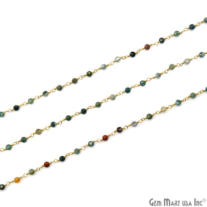 Moss Agate 3-3.5mm Gold Plated Beaded Wire Wrapped Rosary Chain