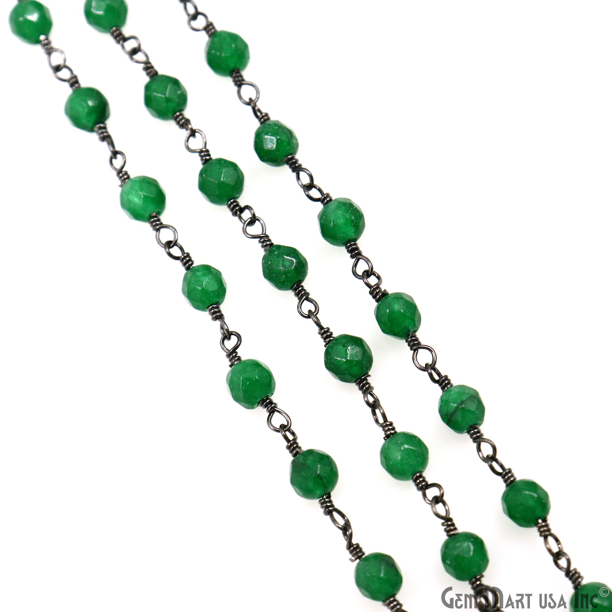 Green Jade Faceted Beads 4mm Oxidized Wire Wrapped Rosary Chain