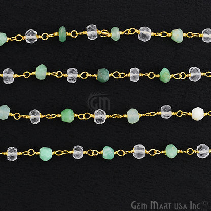 Chrysoprase With Crystal 3-3.5mm Gold Plated Wire Wrapped Beads Rosary Chain (762958151727)