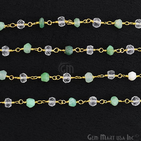 Chrysoprase With Crystal 3-3.5mm Gold Plated Wire Wrapped Beads Rosary Chain (762958151727)