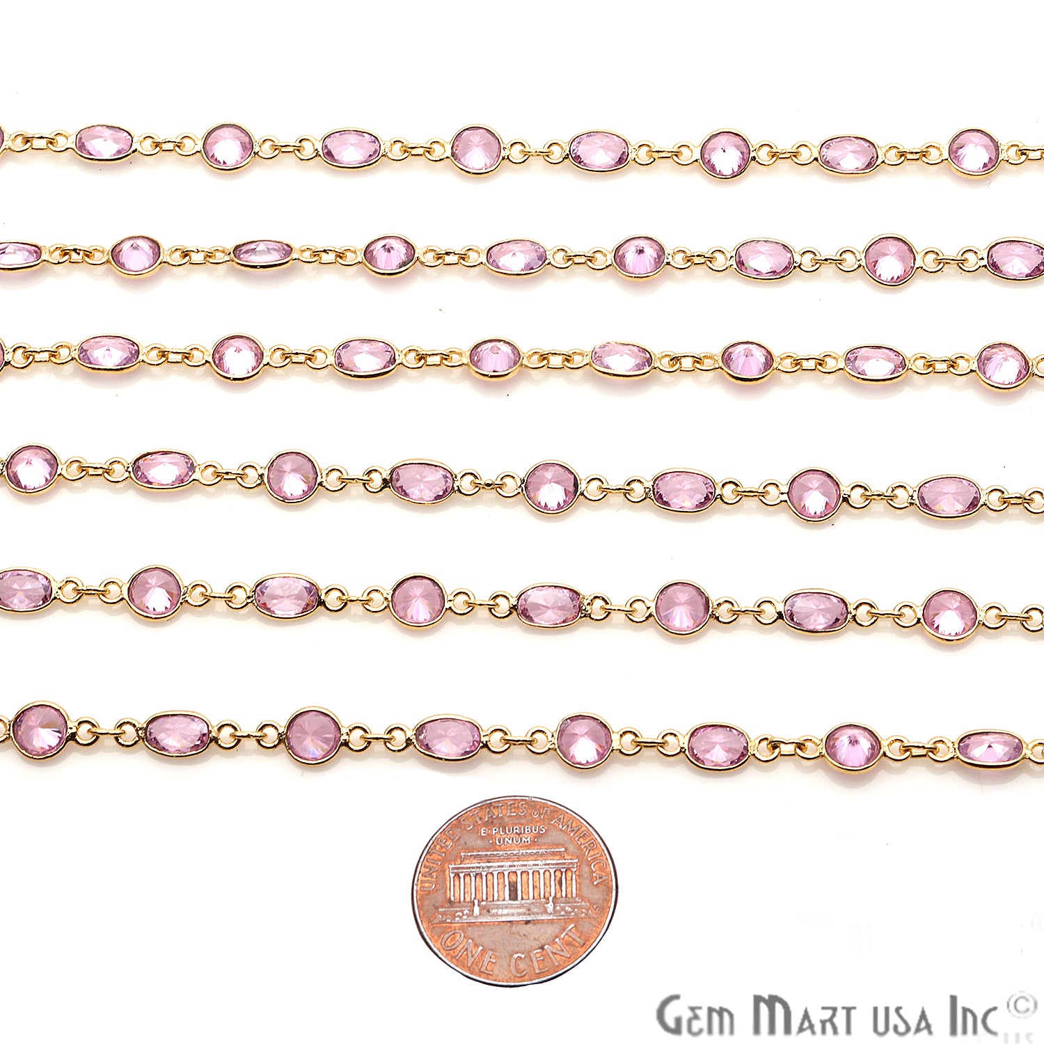 Pink Zirconia Round And Oval Gold Plated Continuous Connector Chain - GemMartUSA