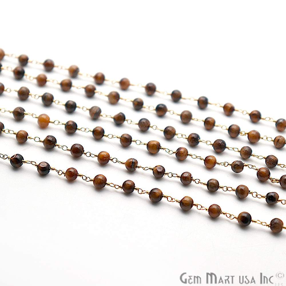 Tiger Eye Smooth Beads Gold Plated Wire Wrapped Rosary Chain - GemMartUSA