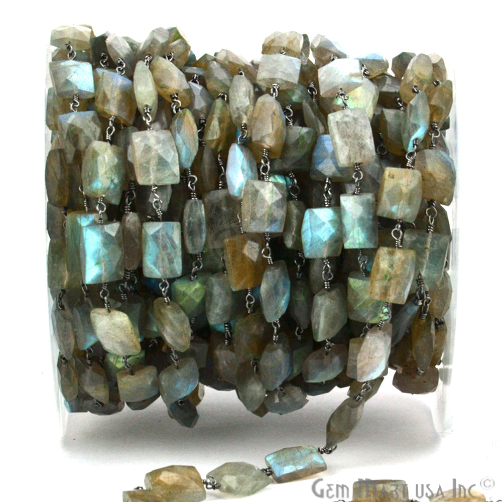 Labradorite Rectangle 7x9mm Beaded Oxidized Wire Wrapped Rosary Chain - GemMartUSA