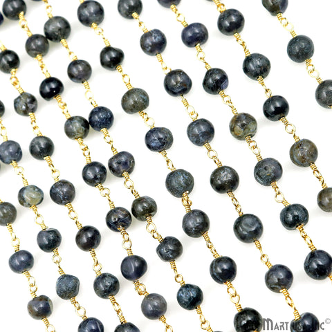 Iolite Cabochon 6-7mm Gold Wire Wrapped Rosary Chain