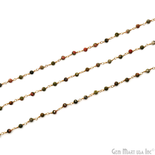 Unakite 3-3.5mm Beaded Gold Wire Wrapped Rosary Chain