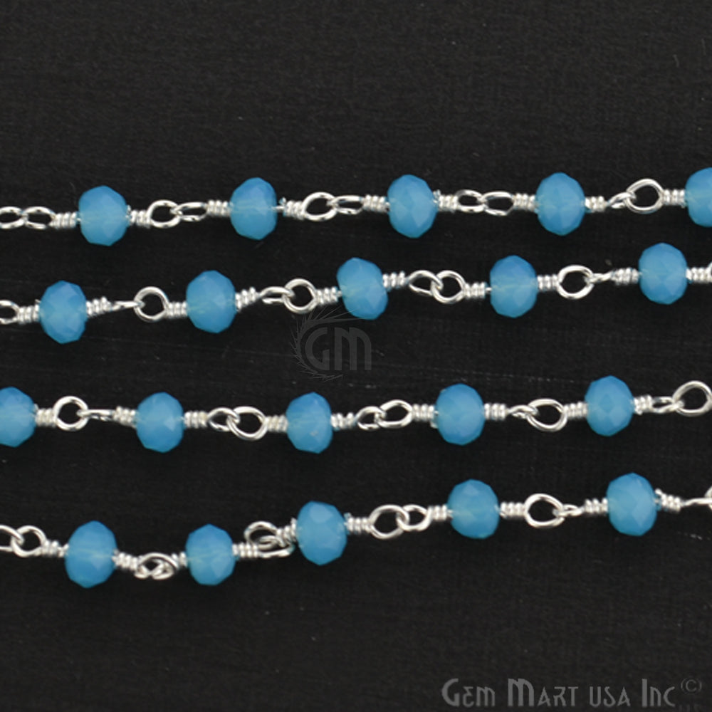 Aqua Chalcedony Silver Plated Wire Wrapped Beads Rosary Chain (763809038383)