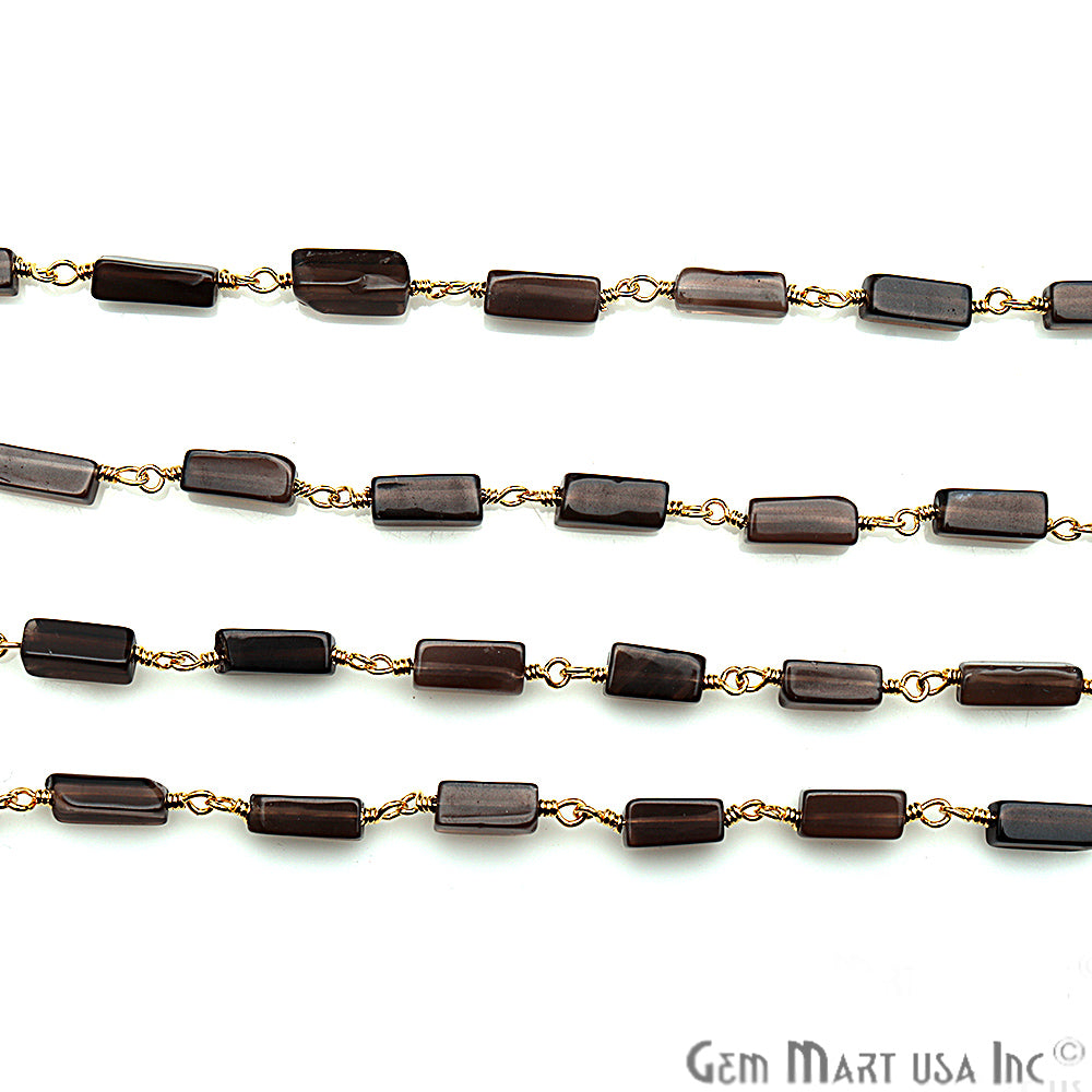 Smokey Topaz 8x3mm Gold Plated Wire Wrapped Beaded Rosary Chain - GemMartUSA