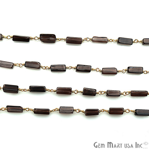 Smokey Topaz 8x3mm Gold Plated Wire Wrapped Beaded Rosary Chain - GemMartUSA
