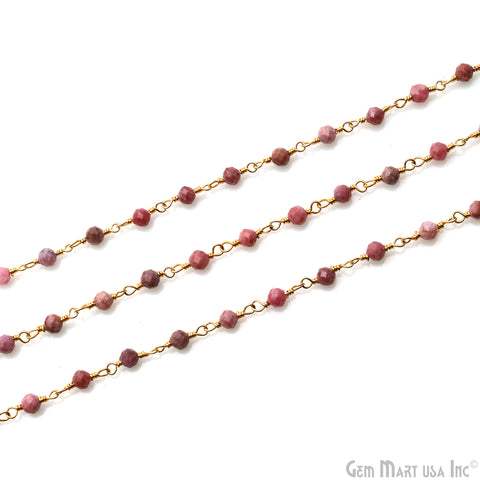 Rhodochrosite Faceted Beads 3-3.5mm Gold Plated Wire Wrapped Rosary Chain