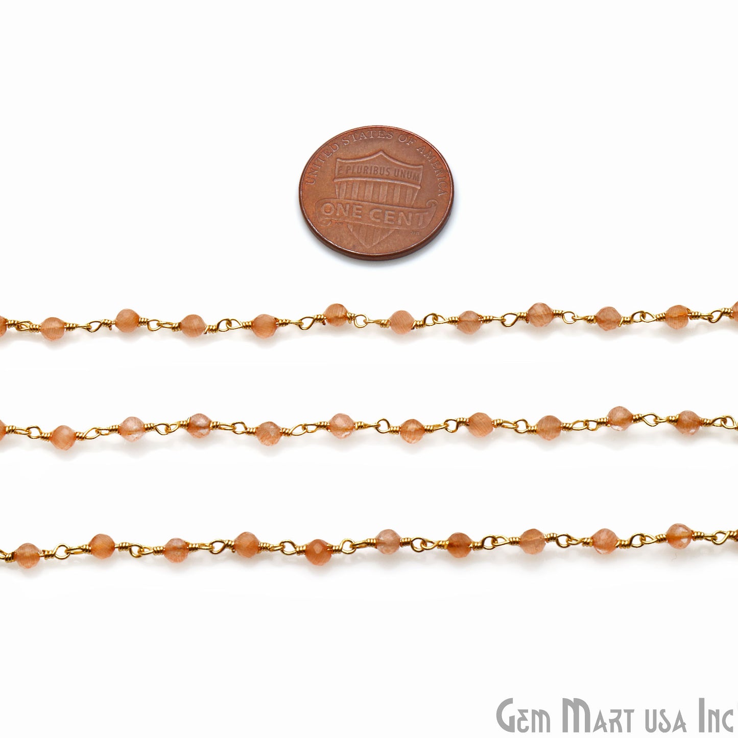 Orange Aventurine Monalisa 3-3.5mm Gold Wire Wrapped Rosary Chain - GemMartUSA