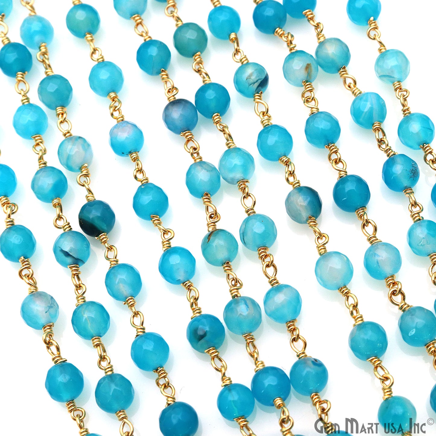 Sky Blue Jade 6mm Beads Gold Plated Wire Wrapped Rosary Chain (763737145391)