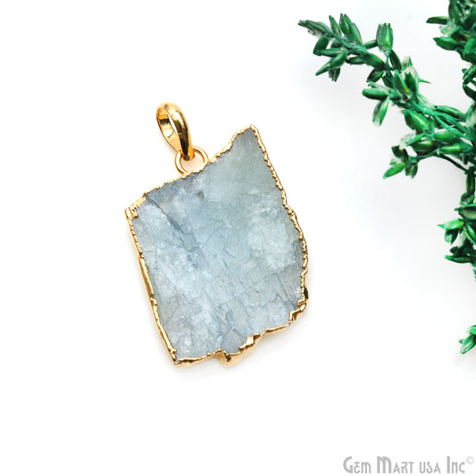 Aquamarine Free Form shape 30x22mm Gold Electroplated Gemstone Single Bail Pendant