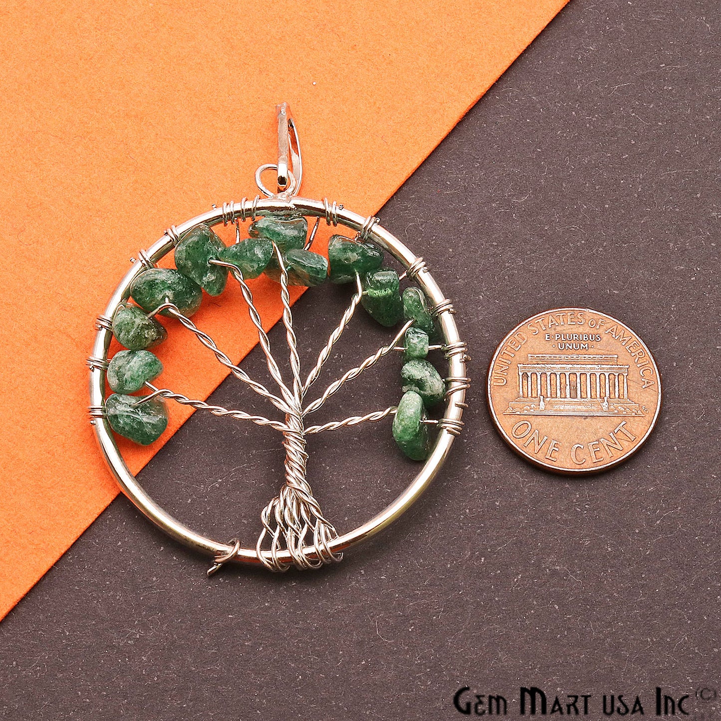 Tree of Life Aventurine Silver Wire Wrapped 45x40mm Chakra Pendant - GemMartUSA