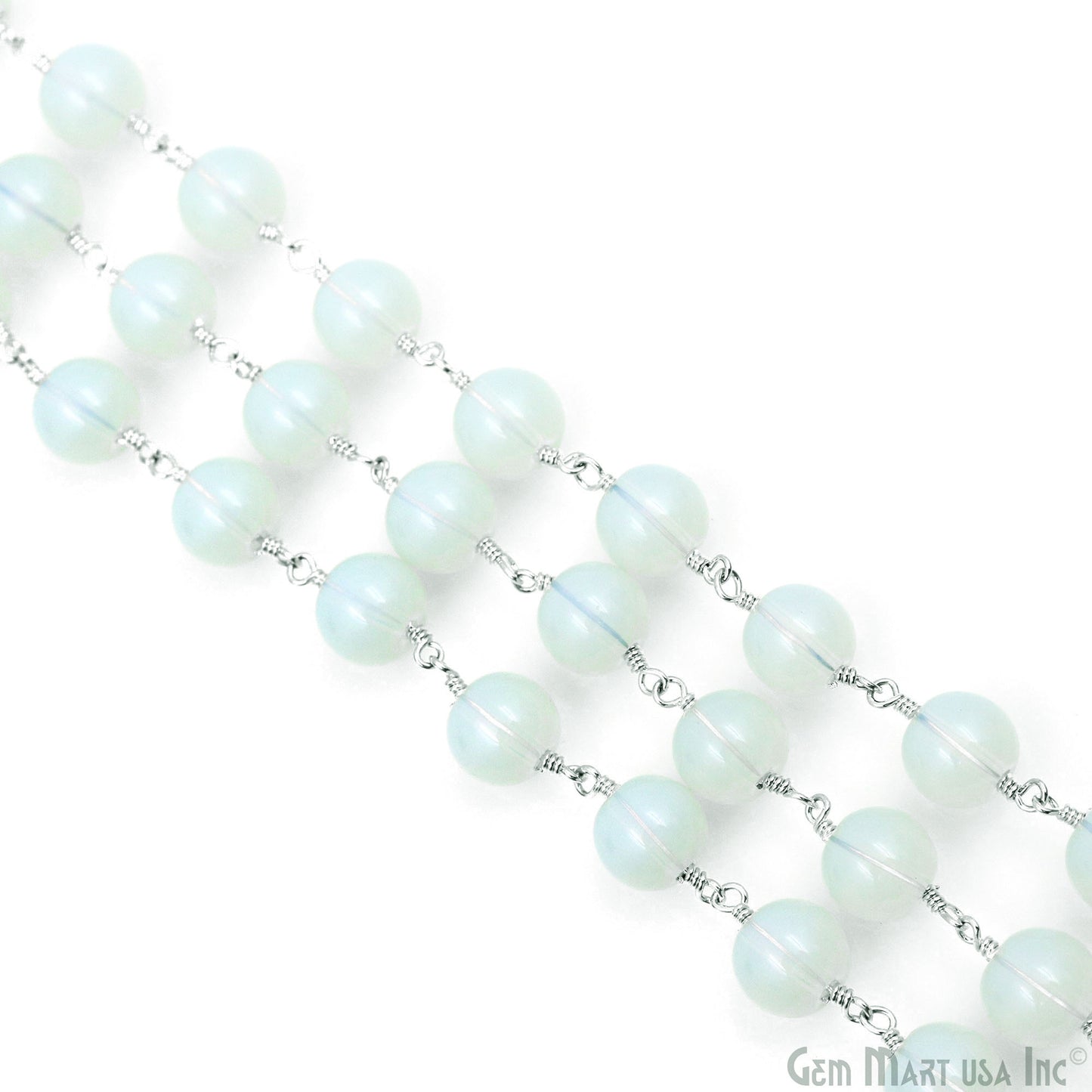 White Opal Smooth Beads 8mm Silver Plated Wire Wrapped Rosary Chain