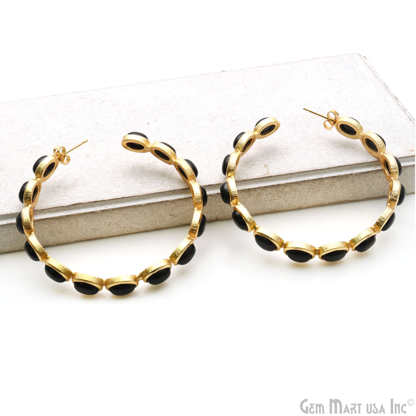 Gemstone Oval Cabochon 7x5mm Gold Plated Round 54mm Hoop Earrings