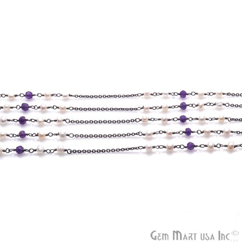 Amethyst & Pearl Beaded Oxidized Wire Wrapped Rosary Chain