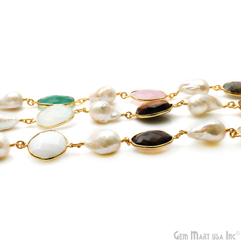 Multi-Color & Mix Shape Gemstone With Freeform Pearl Beads 10-15mm Gold Bezel Faceted Continuous Connector Chains