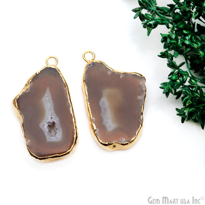 Agate Slice 39x21mm Organic Gold Electroplated Gemstone Earring Connector 1 Pair