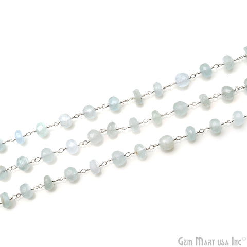 Aquamarine Faceted Beads 6-7mm Silver Wire Wrapped Rosary Chain