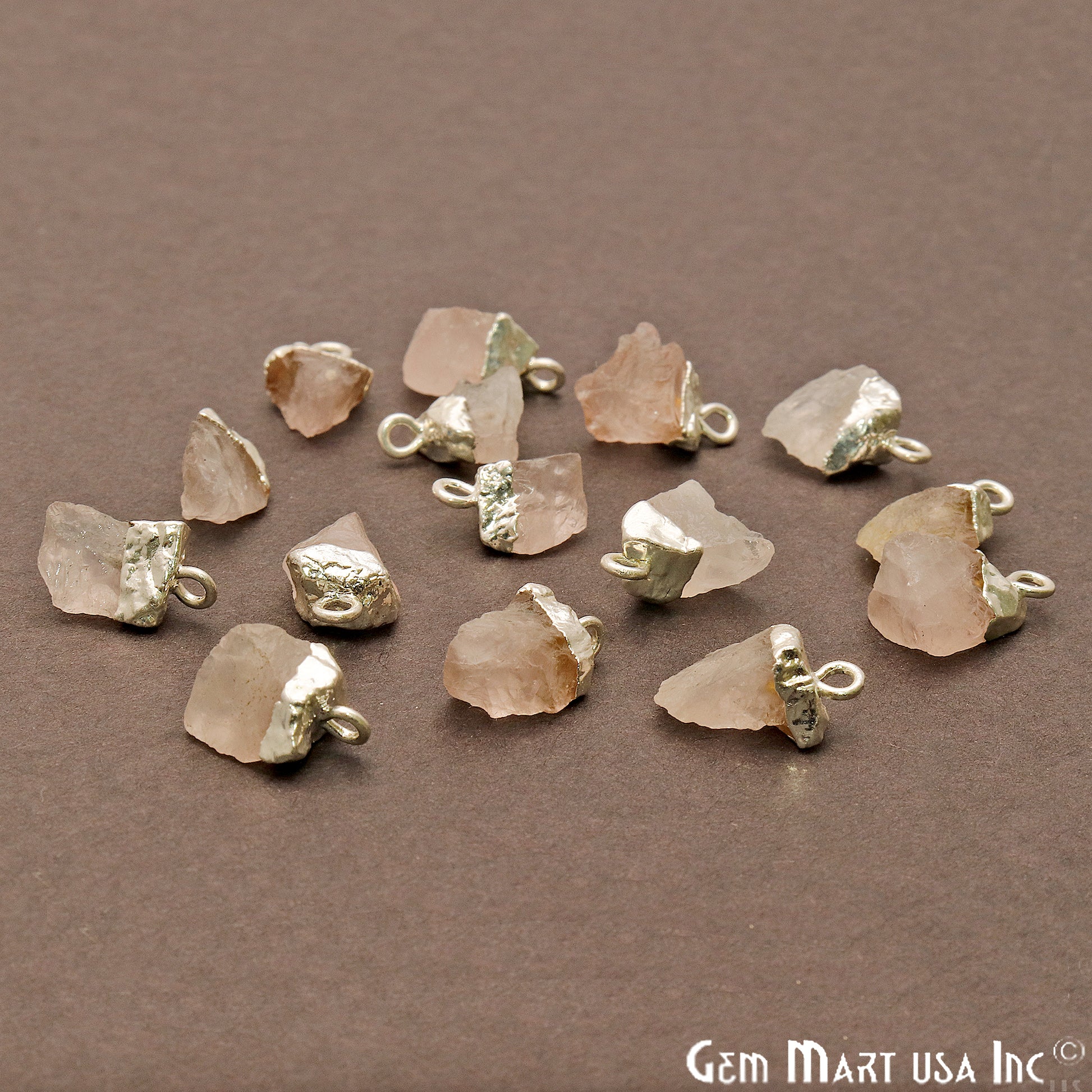 Rough Rose Quartz Gemstone 13x7mm Organic Silver Edged Connector - GemMartUSA