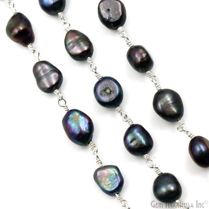 Black Pearl Free Form 8-9mm Silver Wire Wrapped Beads Rosary Chain