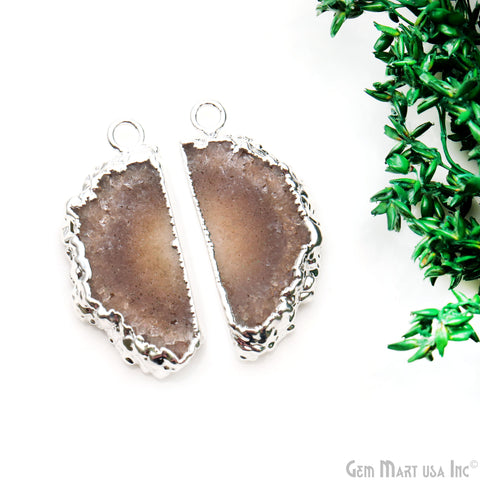 Agate Slice 34x15mm Organic Silver Electroplated Gemstone Earring Connector 1 Pair