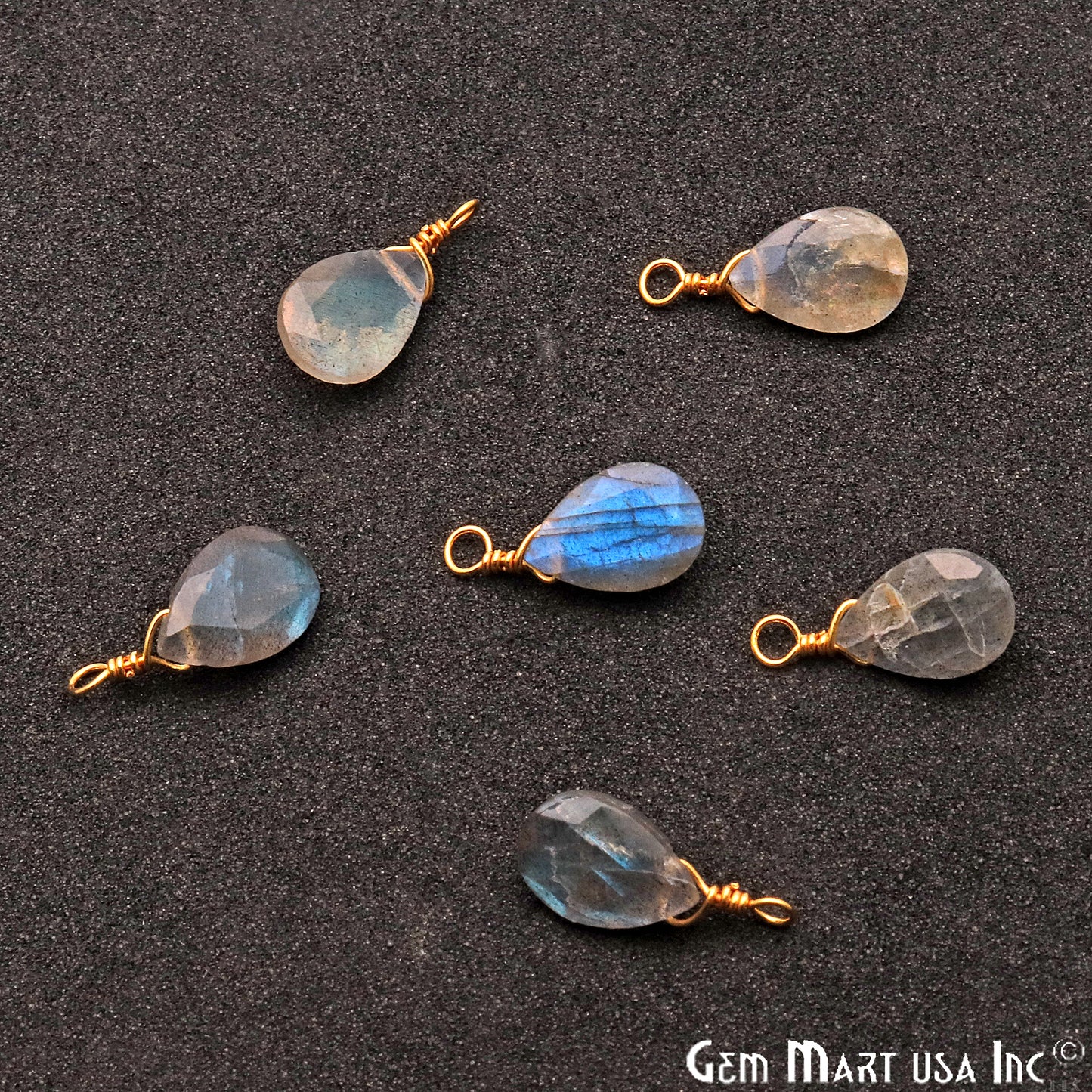 Labradorite 7x10mm Pears Single Bail Gold Wire Wrapped Gemstone Connector - GemMartUSA