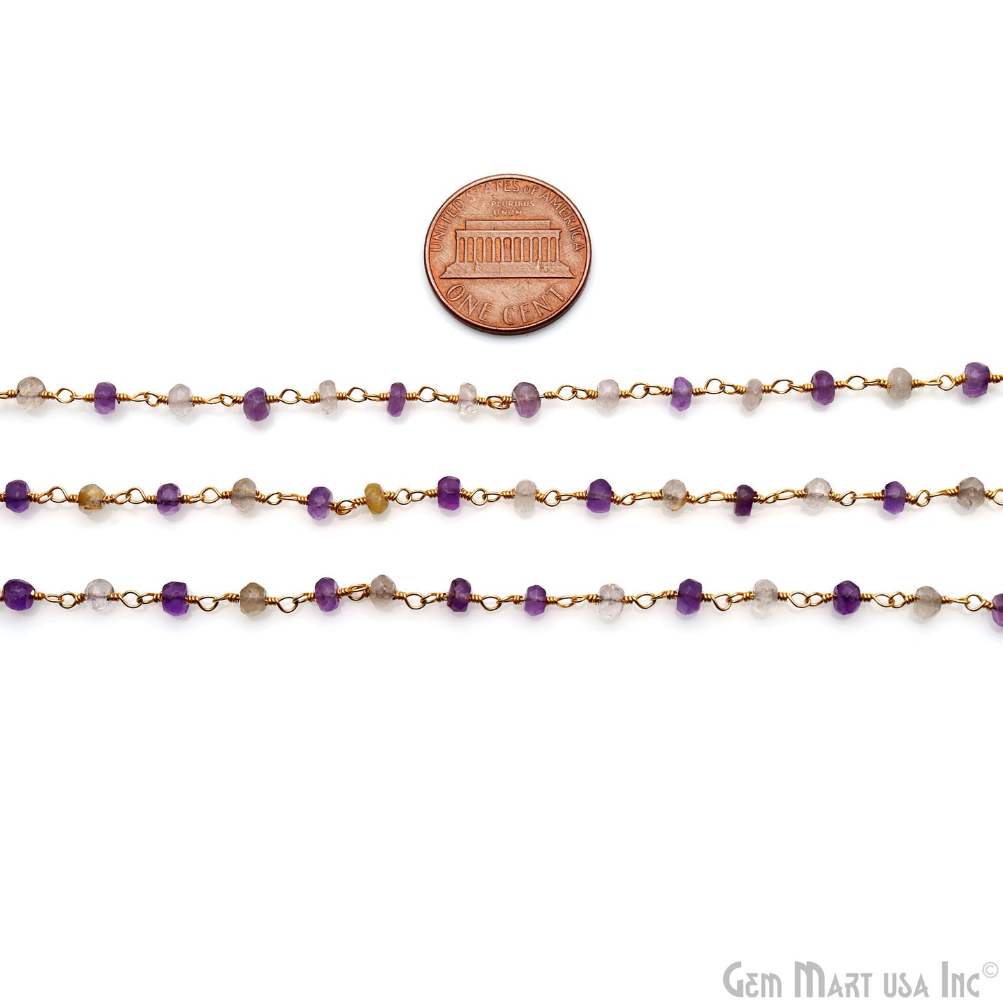 Amethyst & Golden Rutile Beads 3-3.5mm Gold Plated Wire Wrapped Rosary Chain