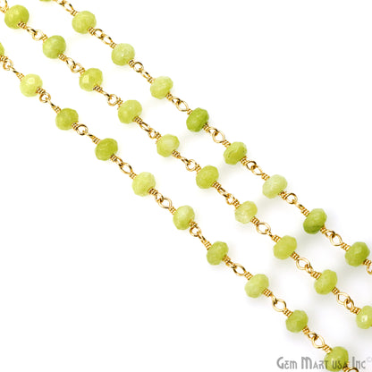 Light Green Jade Faceted Beads 4mm Gold Plated Wire Wrapped Rosary Chain