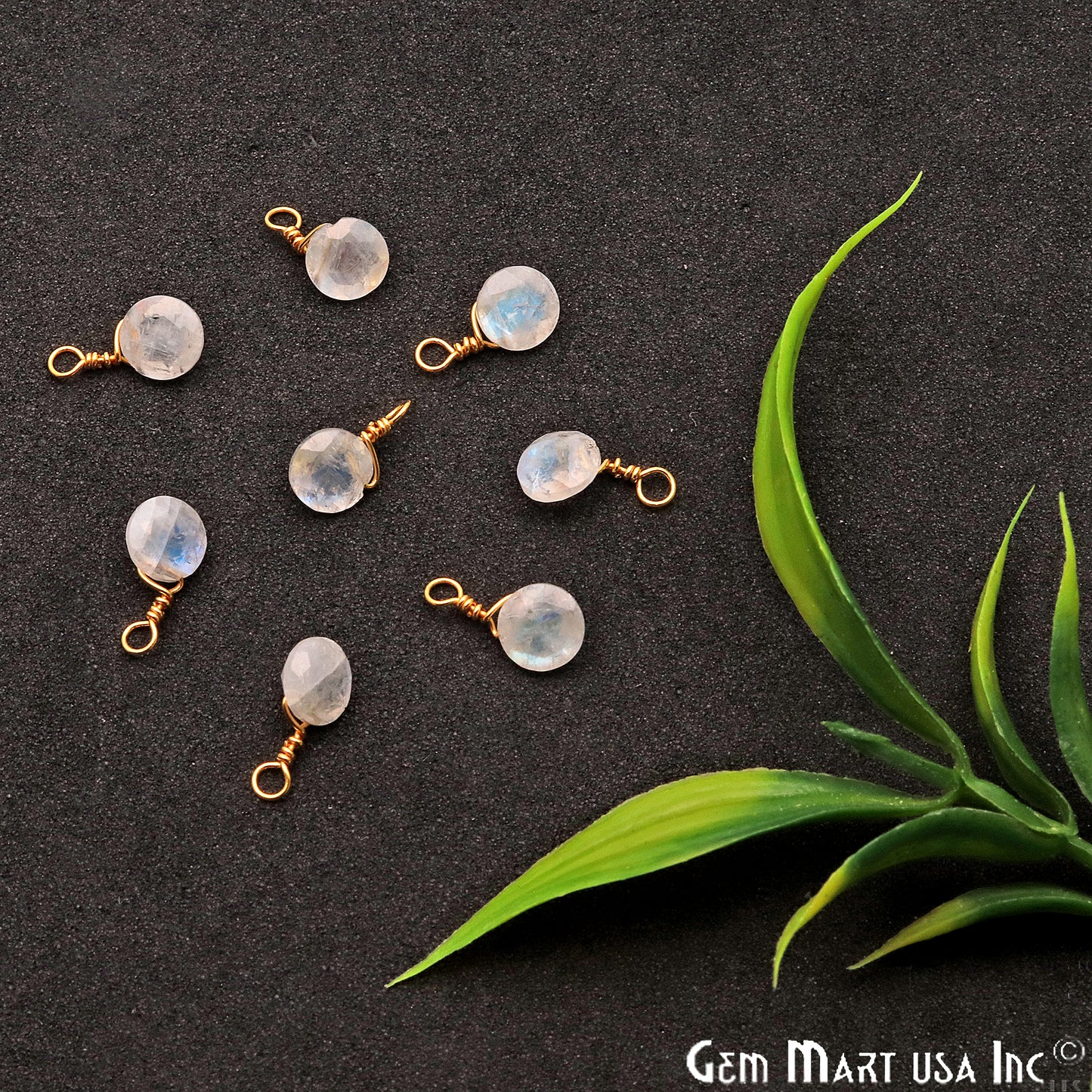 Rainbow Moonstone 6mm Round Single Bail Gold Wire Wrapped Gemstone Connector - GemMartUSA