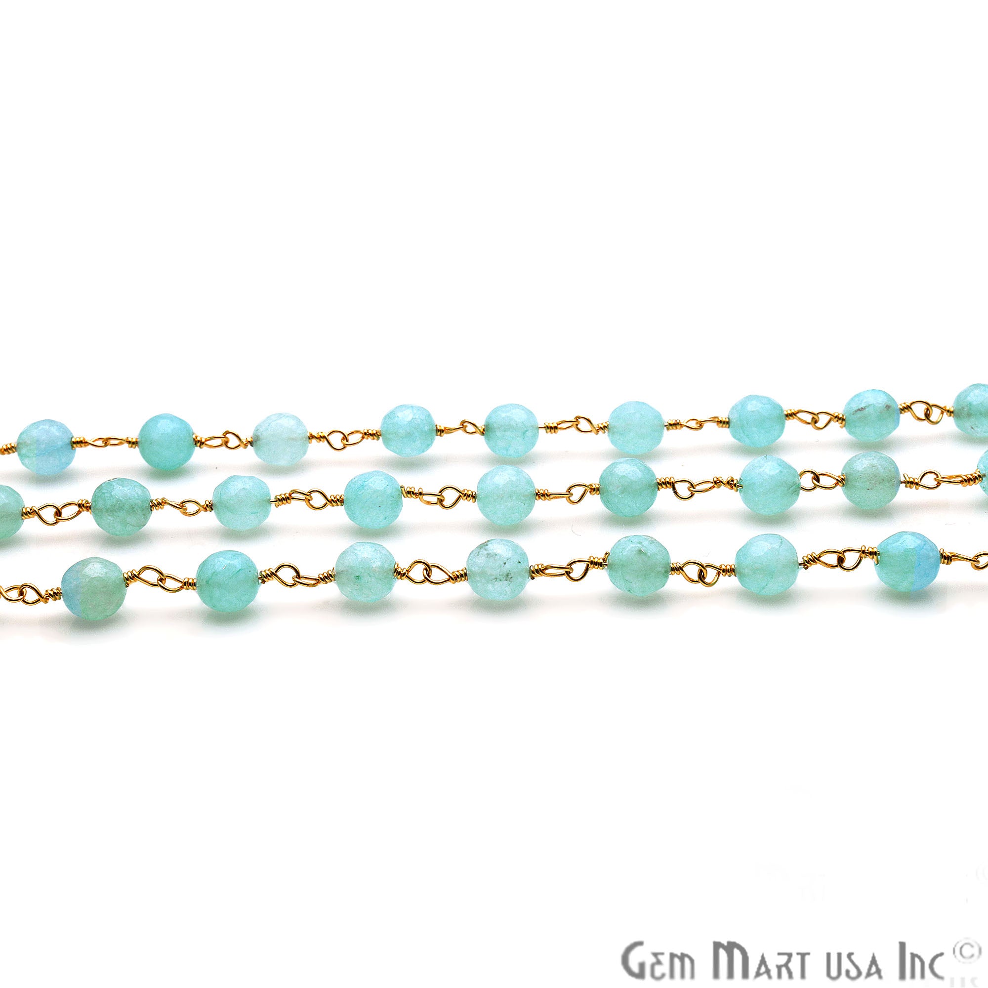 Turquoise Green Jade Faceted Beads 6mm Gold Wire Wrapped Rosary Chain - GemMartUSA