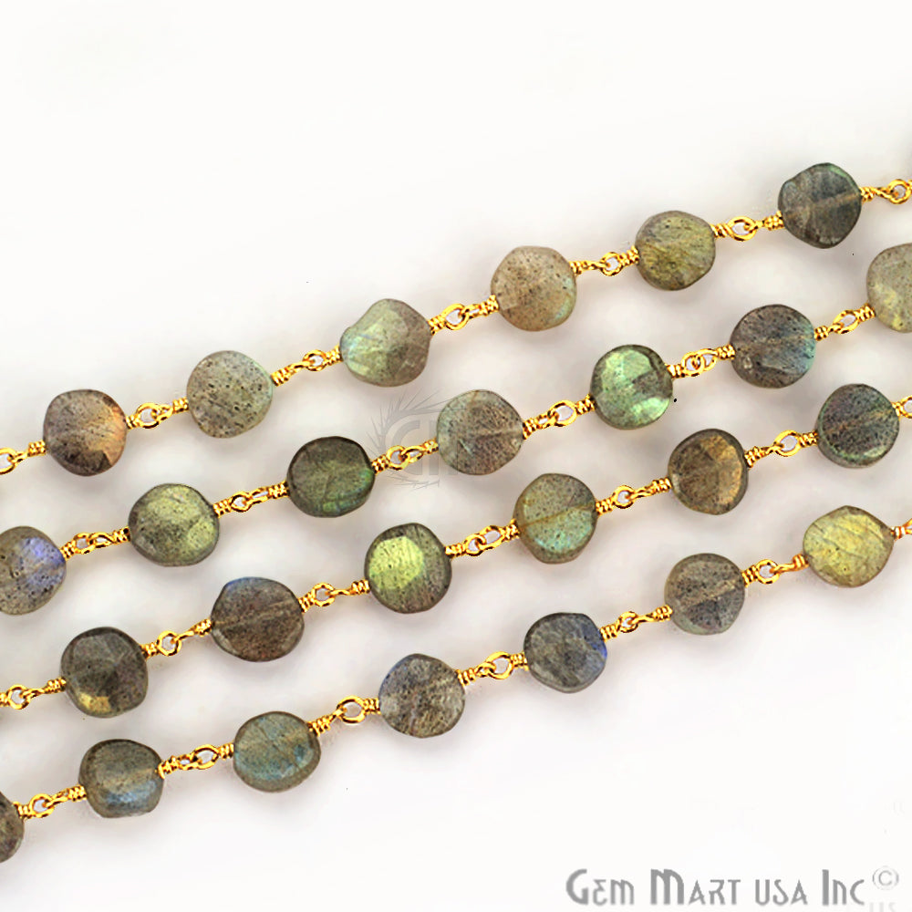 Labradorite Coin Gold Plated Wire Wrapped Beads Rosary Chain - GemMartUSA (763748057135)