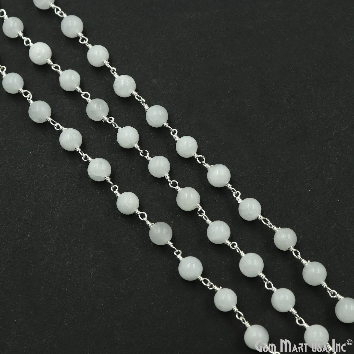 White Jade Smooth Beads 6mm Silver Plated Wire Wrapped Rosary Chain